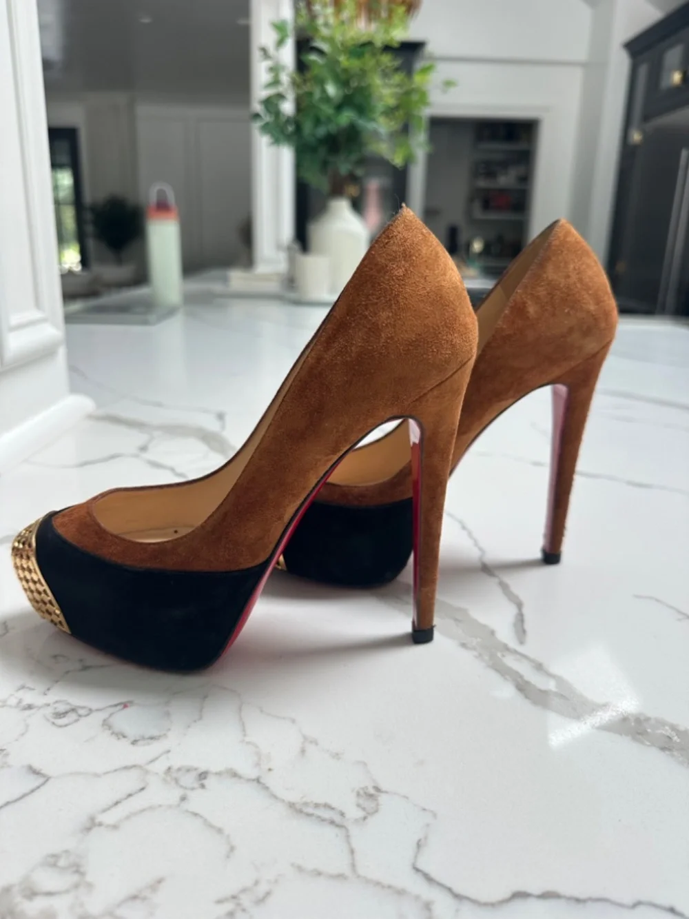 Christian Louboutin Suede Black and Camel Brown Heels Gold Toe 36 Sz